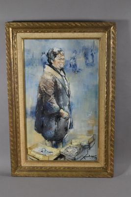 un tableau représentant un homme en manteau debout à côté d'un livre