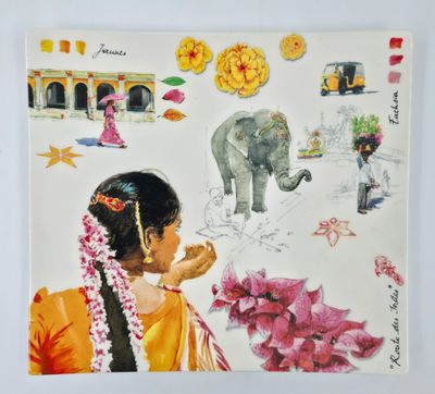 une photo d'un tableau représentant une femme et un éléphant