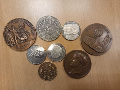 Lot cpt 7 médailles en bronze ou divers, on y joint un écu e…