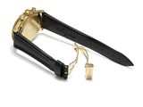 black and gold watch with black leather strap and gold buckle