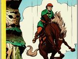 a close up of a comic book with a man riding a horse