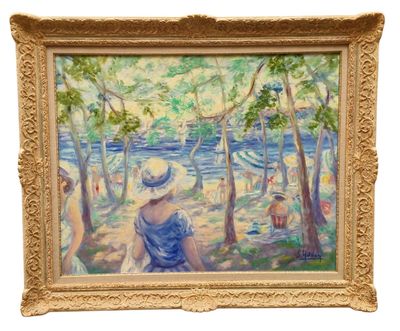 tableau représentant une femme coiffée d'un chapeau de paille, assise sur un banc au bord d'une rivière