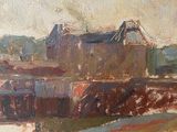 an oil painting of a train on a track near a building