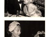 two black and white photos of a man kissing a woman