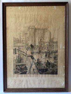 framed drawing of a city scene with a horse drawn carriage in the foreground