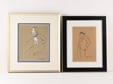 two framed drawings of a man in a suit and a woman in a hat