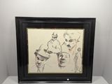 framed drawing of a group of men with hats and smoking cigars