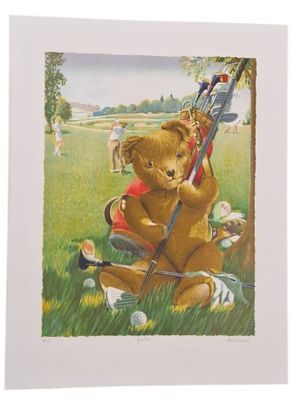 une peinture représentant un ours en peluche avec un arc et des flèches