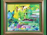 tableau représentant une table verte avec des fruits et des personnages en arrière-plan