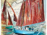 painting of three sailboats in the water with a map in the background