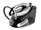 a black and white steam iron sitting on a white surface