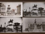 four black and white photographs of a horse and rider in front of a building