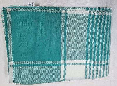 un torchon à carreaux turquoise et blancs accroché au mur