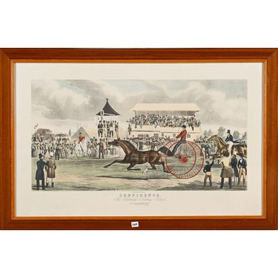 tableau représentant une calèche tirée par des chevaux, avec une foule en arrière-plan