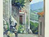 an oil painting of a motorcycle parked in front of a stone building