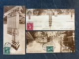 two old postcards of buildings and a train on a city street