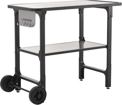 a black and white cart with a glass shelf on it