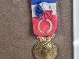 a gold medal with a red, white, and blue ribbon
