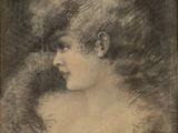 an old drawing of a woman with a fur collar