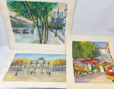 deux tableaux représentant une scène de rue avec un pont en arrière-plan