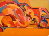 painting of a painting of a dog laying down on a yellow surface