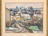 painting of a village in winter with a church in the background