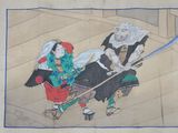 two pictures of a couple of people riding on a horse with a sword