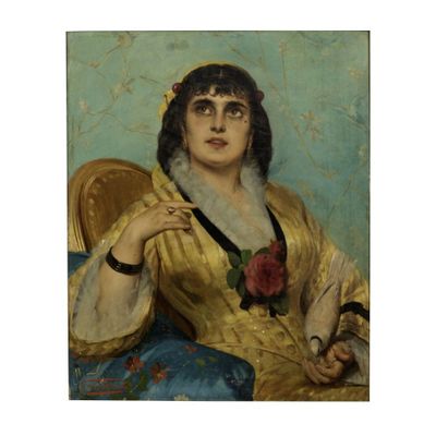 tableau représentant une femme en robe jaune assise sur une chaise