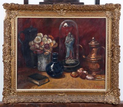 a painting of a vase of flowers and a book on a table
