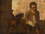 an old painting of a boy and a dog sitting on a porch