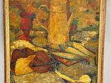 une peinture à l'huile représentant une nature morte composée de fruits et d'une cruche