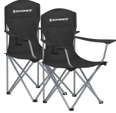 a pair of folding chairs with a logo on the back