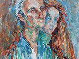 a painting of a man and a woman in a blue shirt