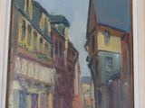 painting of a street scene with buildings and a clock in a gold frame