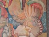 a painting of roosters and chickens on the wall
