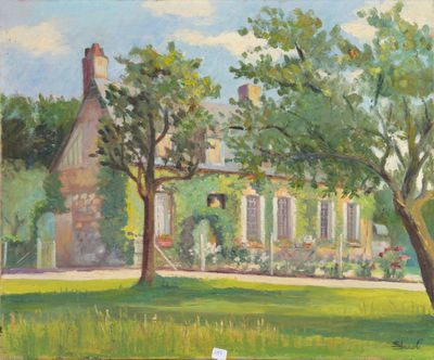 tableau représentant une maison et des arbres dans un champ