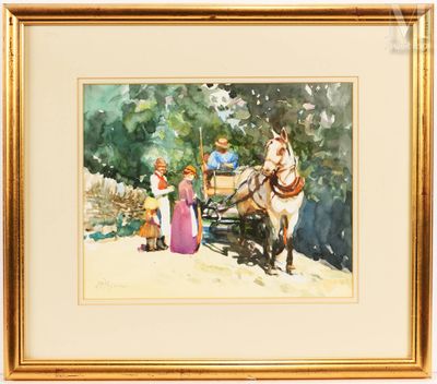 tableau représentant un cheval tirant une calèche avec des passagers à bord