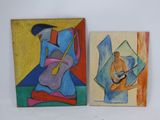 deux tableaux représentant un homme jouant de la guitare et une femme jouant de la guitare