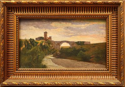 an oil painting of a bridge over a river with a castle in the background