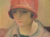 painting of a woman wearing a red hat and a tie