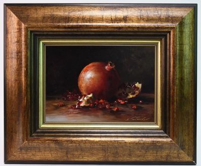 an oil painting of a pomegranate on a wooden table