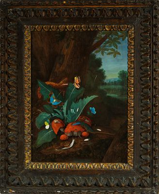 une image représentant un tableau où l'on voit des oiseaux et des fleurs dans un décor boisé