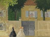 painting of two women walking down a cobblestone street in front of a yellow building