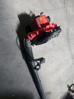 un souffleur rouge posé par terre à côté d'un tuyau d'arrosage