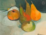 un tableau représentant des poires et des oranges posées sur une table