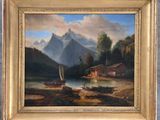 une peinture à l'huile représentant un paysage de montagne avec des bateaux sur un lac