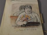 drawing of a man sitting at a table with a fan in his hand