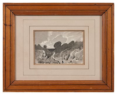 une image d'une photo d'un tableau représentant un paysage de montagne