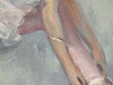 a painting of a ballerina tying up her ballet shoes