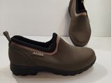 pair of women ' s brown rain boots on a white surface